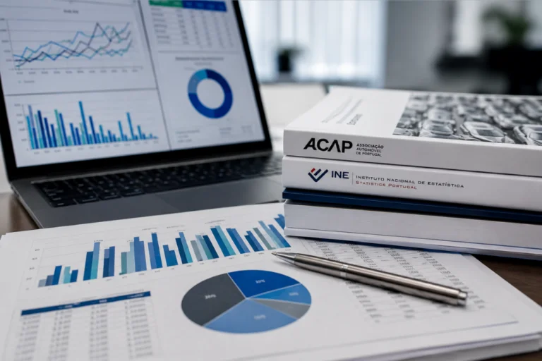 Relatórios impressos da ACAP (Associação Automóvel de Portugal) e do INE (Instituto Nacional de Estatística) empilhados numa secretária ao lado de um computador portátil e gráficos financeiros impressos com uma caneta.