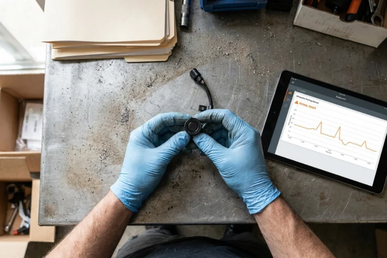 Sensor de estacionamento sem sinal: causas, diagnóstico e substituição na recambiofacil 3 Vista cenital de un mecánico con guantes azules sosteniendo un sensor de aparcamiento ultrasónico sobre una mesa metálica junto a una tablet que muestra un error de fallo de señal.