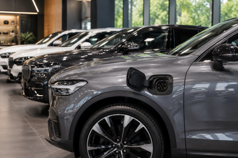 SUV híbrido enchufable de color gris con la tapa de carga abierta en primer plano dentro de la exposición de un concesionario.