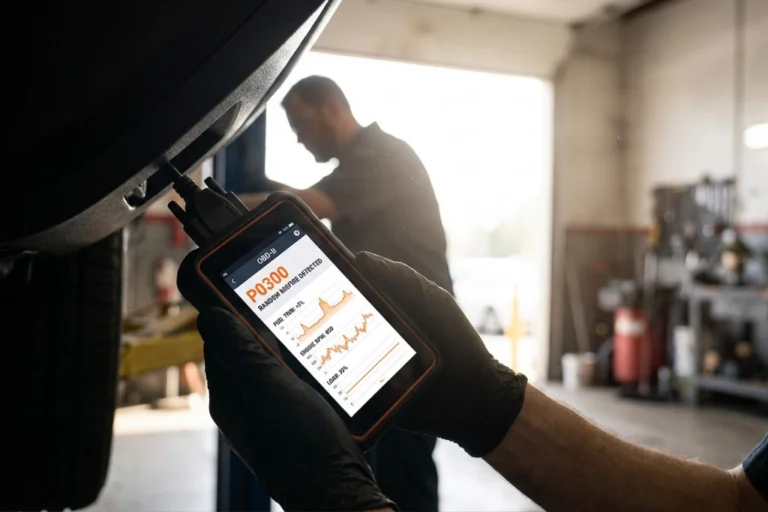 Mecánico sosteniendo una máquina de diagnosis OBD2 conectada al coche mostrando el código de error P0300.