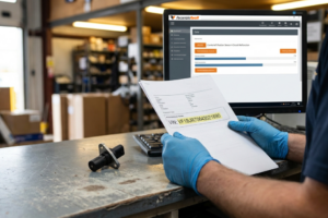 Vue rapprochée des mains d'un mécanicien avec des gants bleus tenant un document papier où est surligné le numéro VIN (Vehicle Identification Number) d'un véhicule. En arrière-plan, un écran d'ordinateur affiche l'interface Recambiofacil avec le code défaut "P0335 - Crankshaft Position Sensor A Circuit Malfunction". Un capteur PMH (capteur de position) est posé sur l'établi à côté du clavier.