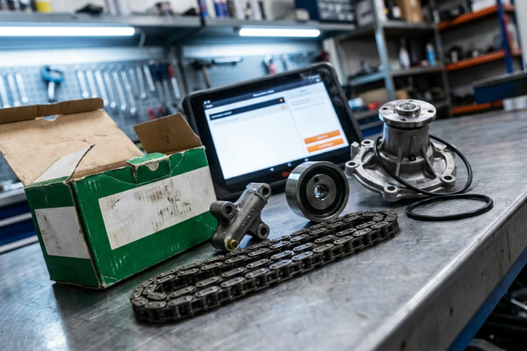 Corrente Distribuição BMW N47: Km Críticos, Kit INA e Preço Real em Plataforma PT 7 Kit de distribución por cadena con bomba de agua, tensor, rodillo y juntas sobre un banco de trabajo junto a una tablet con software de gestión de recambios.