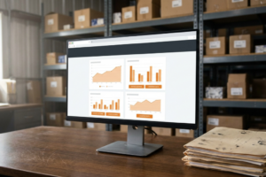Monitor de ordenador sobre un escritorio mostrando gráficos de rendimiento e inventario frente a estanterías de almacén con cajas.