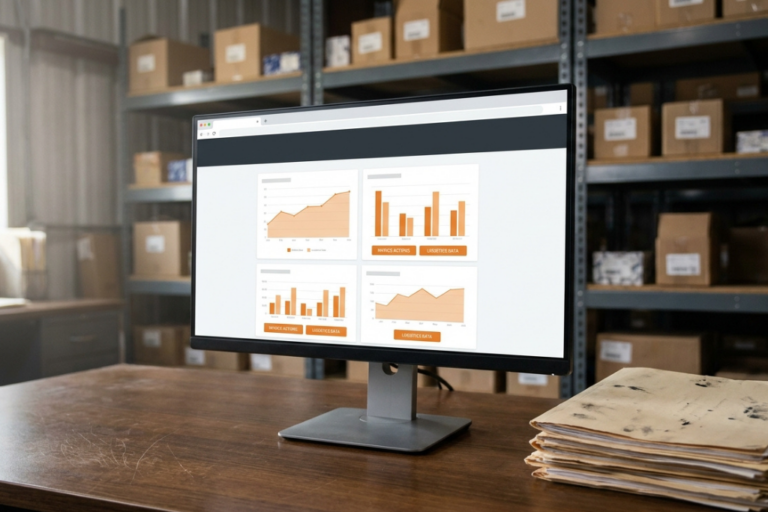 Monitor de ordenador sobre un escritorio mostrando gráficos de rendimiento e inventario frente a estanterías de almacén con cajas.