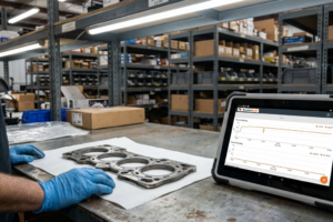 Vue rapprochée des mains d'un opérateur avec des gants bleus inspectant un joint de culasse métallique posé sur un papier blanc sur un établi. À droite, une tablette durcie affiche l'application Recambiofacil avec des graphiques de relevés thermiques. En arrière-plan, on aperçoit de grandes étagères industrielles remplies de cartons de pièces détachées.