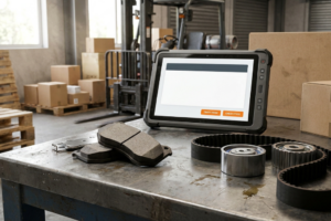 Cómo Elegir Proveedor de Recambios: Cercanía, Plazos de Entrega y Qué Priorizar Según tu Taller 2 Tablet rugerizada con botones de seguimiento de stock junto a pastillas de freno y kit de distribución sobre una mesa de trabajo en almacén.