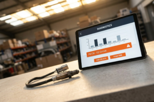 Sensor HEGO Ford Focus y Fiesta: Diagnóstico por Código y Precio Real B2B 4 Sensor HEGO de Ford sobre un mostrador junto a una tableta de diagnóstico que muestra el código de error P0130 O2 Circuit.