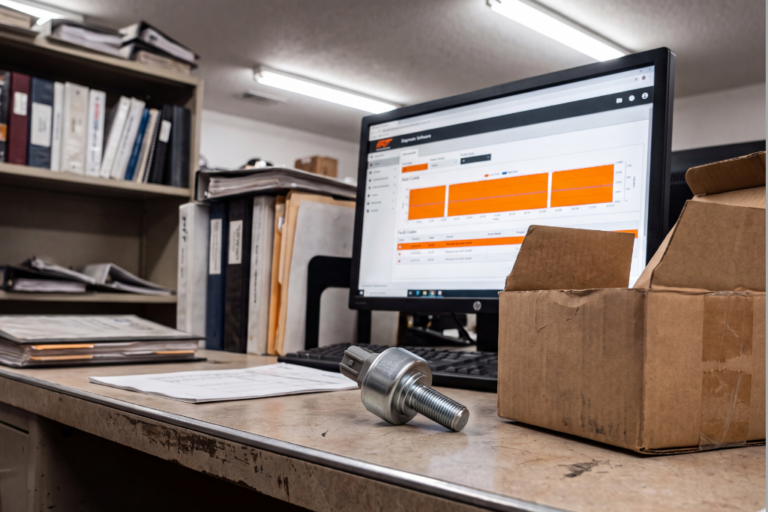 Sensor de detonación roscado sobre un escritorio de taller junto a una caja de cartón y un monitor con software de diagnosis.