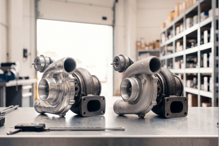 Comparativa de dos turbocompresores para Audi A4 B7 2.0 TDI sobre una mesa metálica de taller, mostrando uno reconstruido con acabado pulido y uno nuevo con acabado mate.