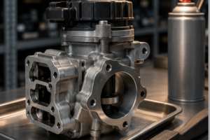 Vue rapprochée d'une vanne EGR (Recirculation des Gaz d'&Eacute;chappement) propre et en aluminium brillant, posée sur un plateau métallique dans un atelier de mécanique. Un aérosol de nettoyage ou de lubrifiant est visible en arrière-plan à côté de rayonnages de pièces.