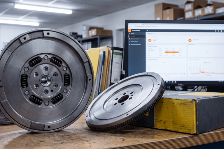 Comparativa entre un volante bimasa con muelles internos y un volante de inercia monomasa aligerado junto a un monitor con datos de vibración.