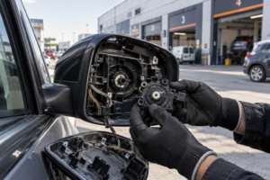 Servomotor eléctrico despiezado mostrando bobinado y engranajes junto a una tablet con datos de voltaje (12.4V) y corriente en un almacén de repuestos.