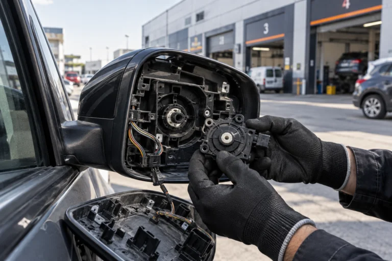 Servomotor eléctrico despiezado mostrando bobinado y engranajes junto a una tablet con datos de voltaje (12.4V) y corriente en un almacén de repuestos.