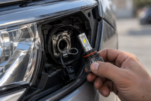 Panel de patrones geométricos para calibración de sistemas ADAS frente a un vehículo Audi con ordenador en progreso.