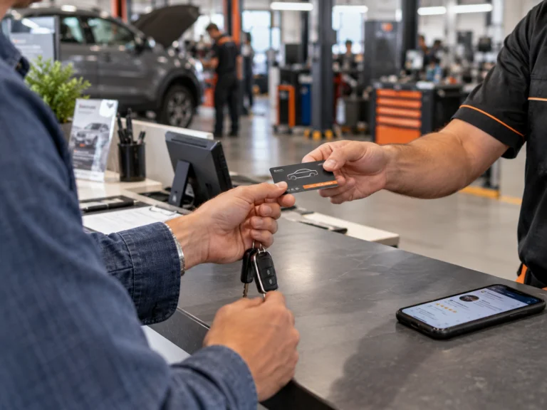Pinza de freno metálica en primer plano sobre mesa de trabajo junto a cajas de repuestos y tablet de diagnóstico.