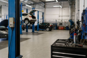 Interior de un taller mecánico con un coche elevado, herramientas de mano en primer plano y zona de reparación.