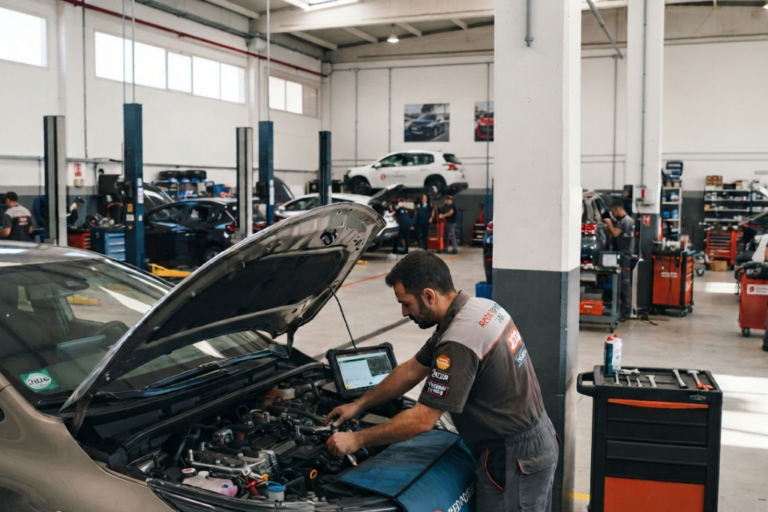 Mecánico realizando la diagnosis del motor de un coche con el capó abierto en un taller mecánico profesional.