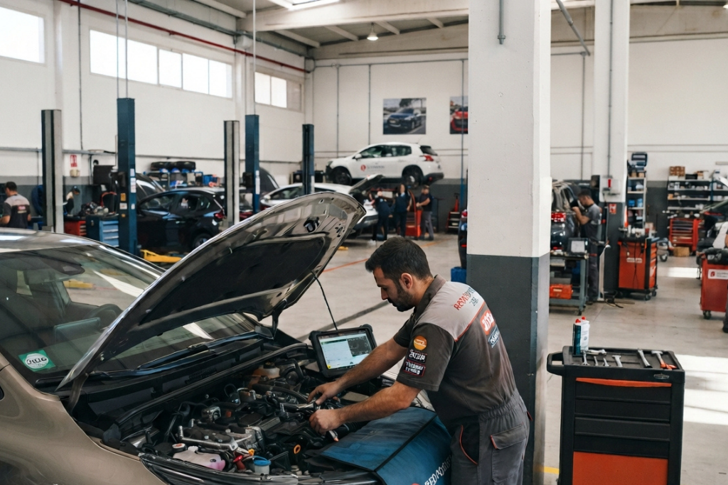 Mecánico realizando la diagnosis del motor de un coche con el capó abierto en un taller mecánico profesional.