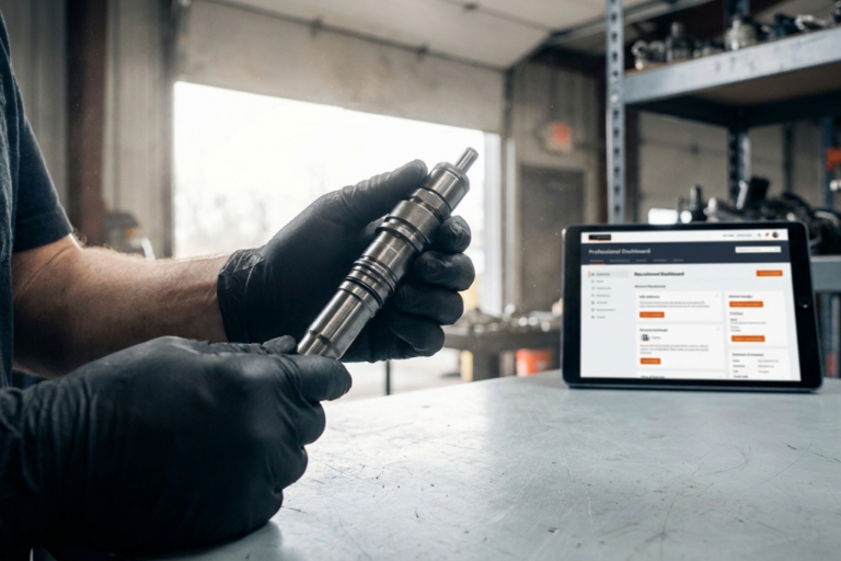 Técnico con guantes inspeccionando minuciosamente un inyector de combustible junto a una tablet en el taller.