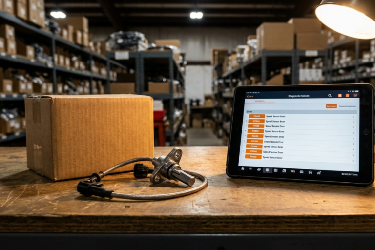 Sensor ABS (Velocidade de Roda): Sintomas, Código de Erro e Diagnóstico 1 Sensor de velocidad con cableado metálico junto a una caja de cartón y una tablet mostrando códigos de error de diagnóstico en un banco de trabajo.