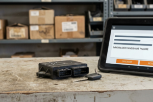 Módulo inmovilizador de coche con llave junto a una tablet que indica error Immobilizer Handshake Failure.