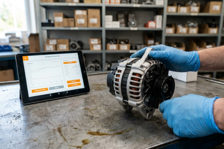 Técnico con guantes azúles comprobando un alternador de coche junto a una tablet con diagnóstico activo en un taller.
