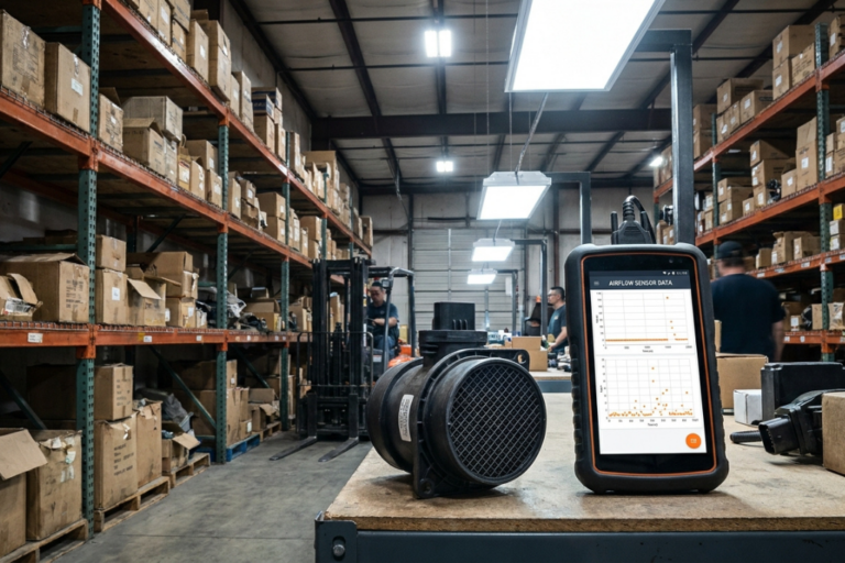 Sensor de masa de aire (caudalímetro) junto a un equipo de diagnosis táctil que muestra datos de flujo de aire en un almacén de recambios.