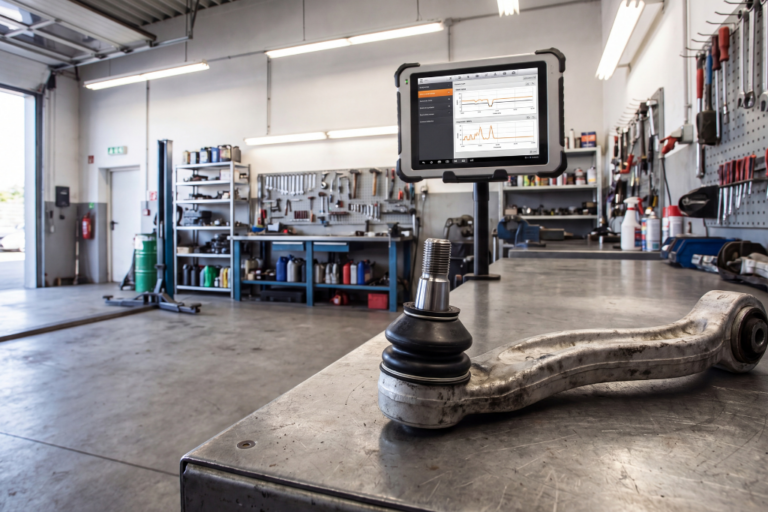 Brazo de suspensión de aluminio con rótula y silentblock sobre mesa de metal en un taller mecánico con pantalla de diagnosis al fondo.