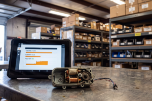 Servomotor eléctrico despiezado mostrando bobinado y engranajes junto a una tablet con datos de voltaje (12.4V) y corriente en un almacén de repuestos.