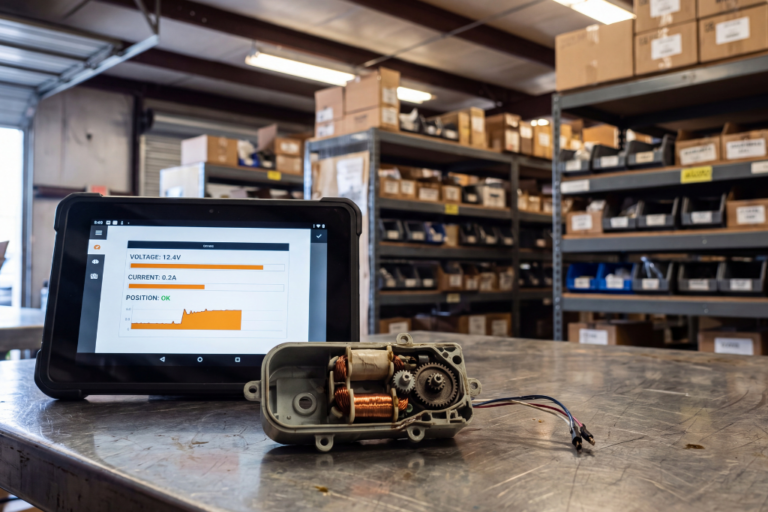 Servomotor eléctrico despiezado mostrando bobinado y engranajes junto a una tablet con datos de voltaje (12.4V) y corriente en un almacén de repuestos.