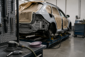 Coche en proceso de reparación de carrocería y pintura sobre elevador en un taller mecánico.