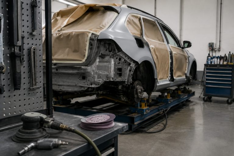 Coche en proceso de reparación de carrocería y pintura sobre elevador en un taller mecánico.