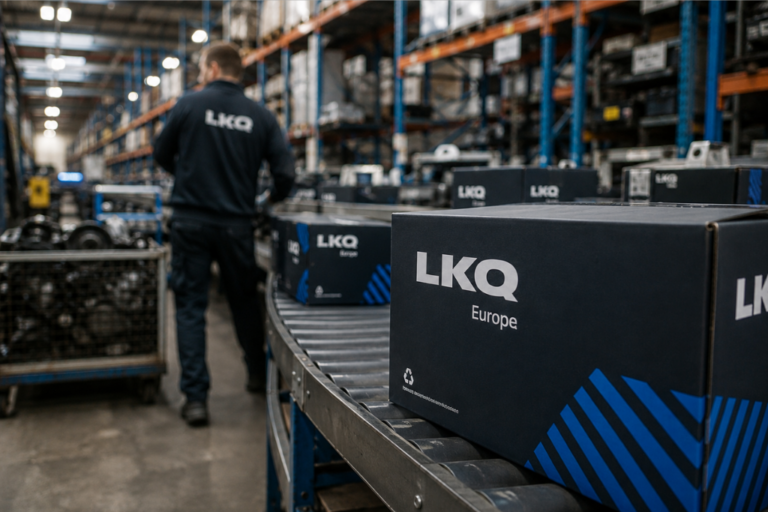 Cajas de repuestos con el logo de LKQ Europe en una cinta transportadora de un almacén logístico.