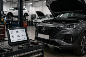 Máquina de diagnosis con marcas como BYD, MG y Xpeng junto a un coche con el capó abierto en un taller mecánico.