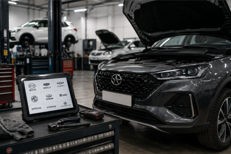 Máquina de diagnosis con marcas como BYD, MG y Xpeng junto a un coche con el capó abierto en un taller mecánico.