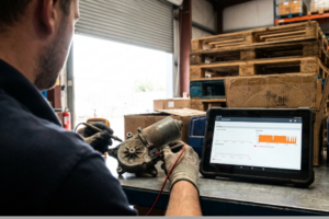 Técnico probando con polímetro y tablet un motor eléctrico de repuesto en un almacén.
