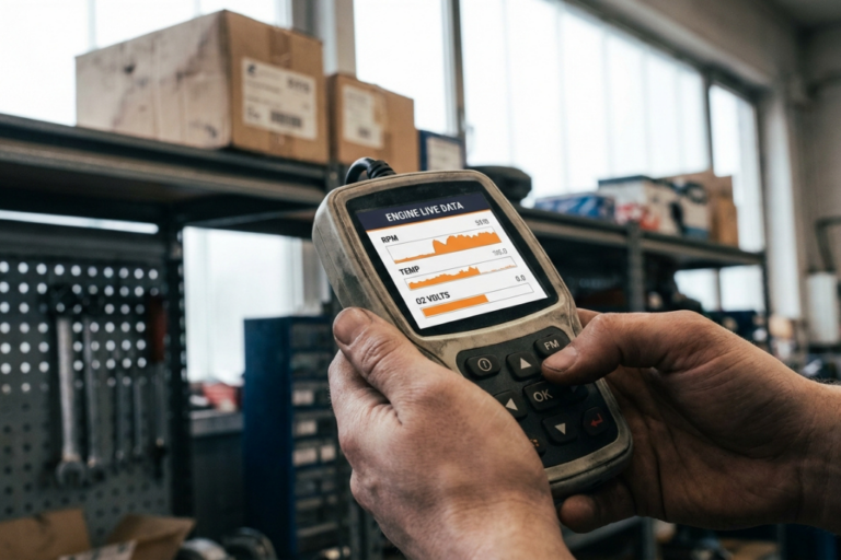 Manos de un mecánico sosteniendo un lector OBD2 que muestra datos en tiempo real del motor como RPM y temperatura.
