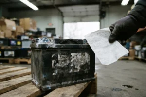 Batterie plomb-acide usagée sur palette d'entrepôt de recyclage automobile