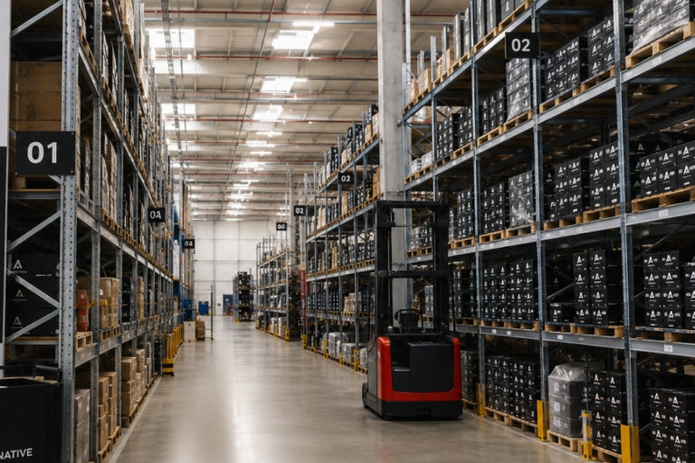 Pasillo de almacén industrial con estanterías metálicas altas llenas de cajas de repuestos y una carretilla elevadora roja en el centro.