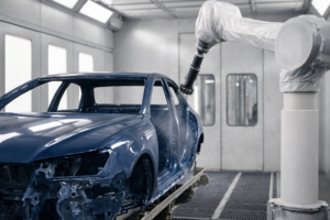Brazo robotizado pintando la carrocería de un coche azul en una cabina de pintura industrial.