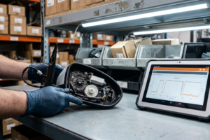 Técnico inspeccionando el mecanismo interno de un retrovisor eléctrico con una tableta de diagnóstico en el taller.