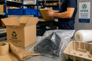 Cajas de cartón y materiales de embalaje reciclables etiquetados con el reglamento PPWR UE 2025/40 en un almacén de recambios.