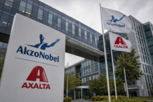 Tótem corporativo y banderas con los logotipos de AkzoNobel y Axalta frente a un edificio de oficinas.