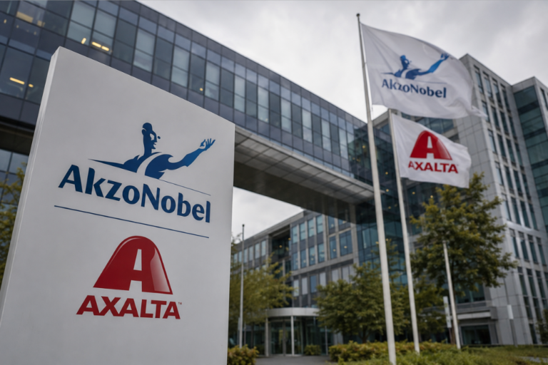 Tótem corporativo y banderas con los logotipos de AkzoNobel y Axalta frente a un edificio de oficinas.