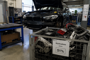 Contenedor con piezas metálicas y ópticas usadas para devolución y reciclaje frente a un coche BMW en reparación.