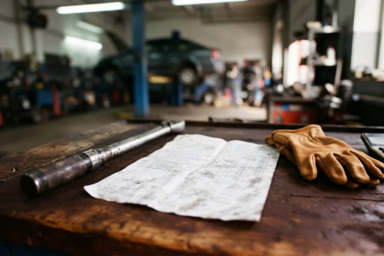 Devis de réparation automobile sur un comptoir d'atelier