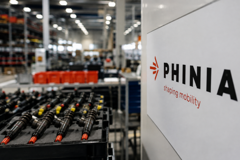Inyectores de combustible organizados en una bandeja con el cartel corporativo de PHINIA shaping mobility al lado.