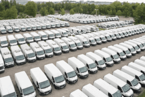 Vista aérea de un gran parking de desguace con filas de furgonetas blancas de reparto preparadas para reciclaje y piezas de recambio.