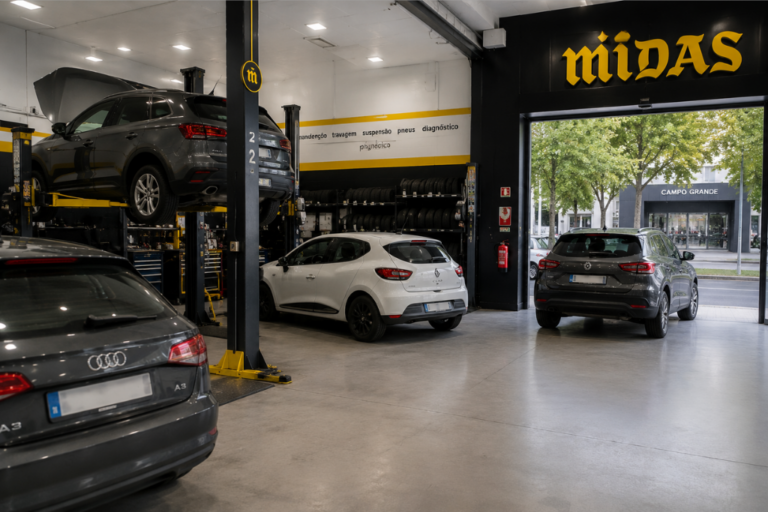 Interior de un taller mecánico Midas con varios coches en reparación, elevadores hidráulicos y zona de servicio.
