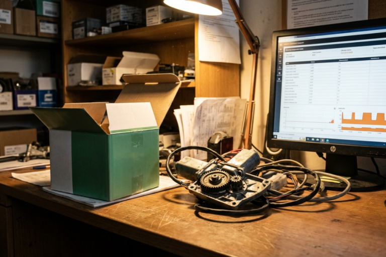 Mesa de trabajo con un motor eléctrico de repuesto, caja de cartón abierta y monitor con software de gestión de pedidos.